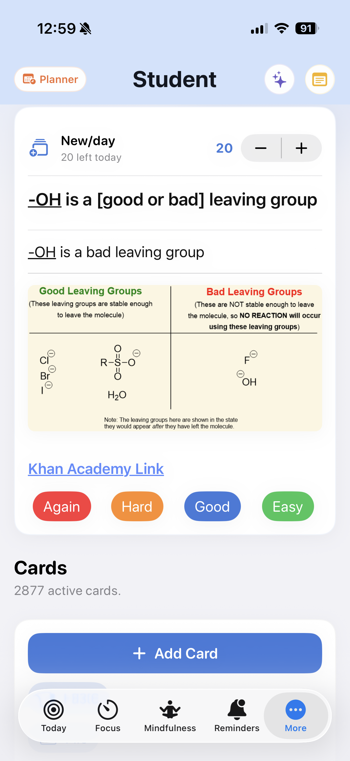 Northpath Student tab showing an answered flashcard with rich content and review grading controls.