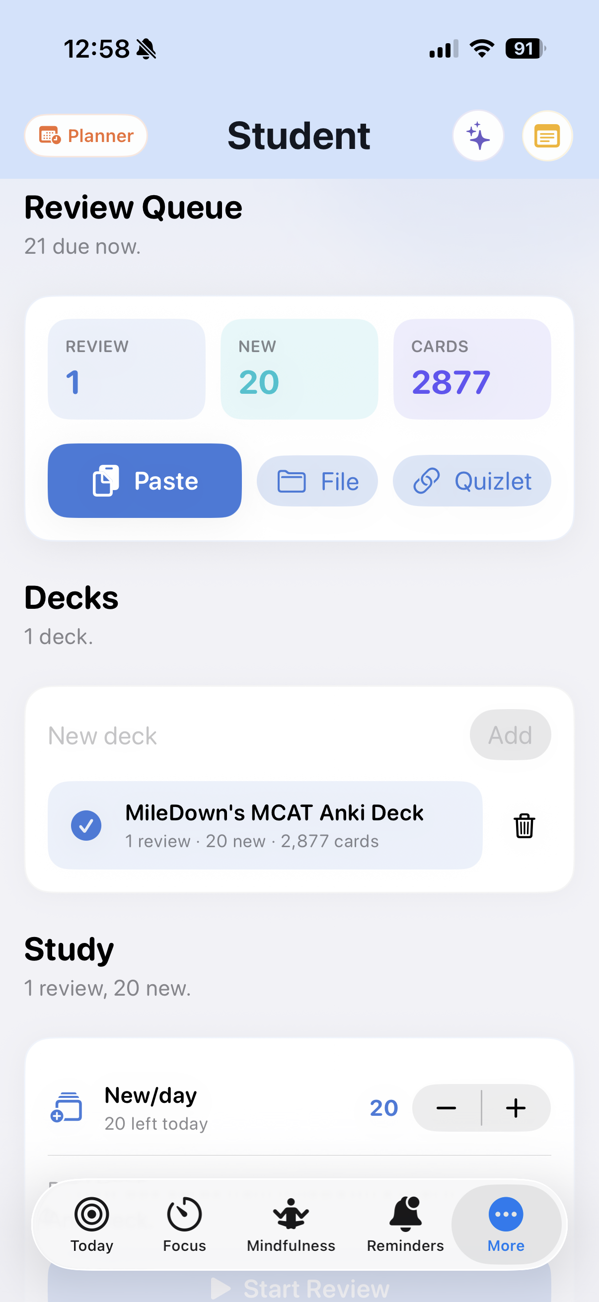 Northpath Student tab showing a review queue, deck counts, and import actions.